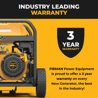 The FIRMAN Power Equipment GAS PORTABLE GENERATOR 8375W REMOTE START 120/240V features remote start and a 3-year warranty—one of the best in the industry.