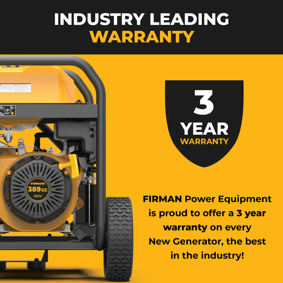 The FIRMAN Power Equipment GAS PORTABLE GENERATOR 8375W REMOTE START 120/240V features remote start and a 3-year warranty—one of the best in the industry.