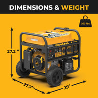 The FIRMAN Power Equipment GAS PORTABLE GENERATOR 8375W REMOTE START 120/240V features a yellow and black design, remote start, measures 27.2" H x 27.7" W x 29" L, and weighs 203 lbs.