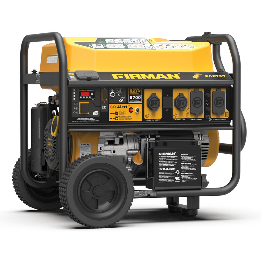 The FIRMAN Power Equipment GAS PORTABLE GENERATOR 8375W REMOTE START 120/240V features yellow and black housing, multiple outlets, CO Alert, wheels, and a handle—making it an ideal portable backup power source wherever needed.