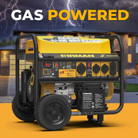 A yellow and black FIRMAN Power Equipment Gas Portable Generator 10000W Remote Start 120/240V with CO Alert stands before a modern house during a storm, highlighting its dependable gas power. "GAS POWERED" is displayed at the top.