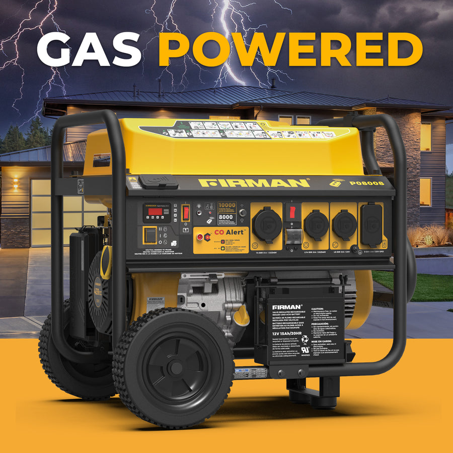 A yellow and black FIRMAN Power Equipment Gas Portable Generator 10000W Remote Start 120/240V with CO Alert stands before a modern house during a storm, highlighting its dependable gas power. "GAS POWERED" is displayed at the top.