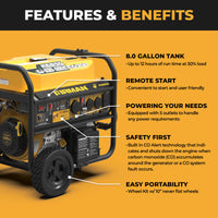The FIRMAN Power Equipment Gas Portable Generator 10000W features remote start, 120/240V output, CO Alert for safety, and easy portability—all highlighted on a bold black and orange design.