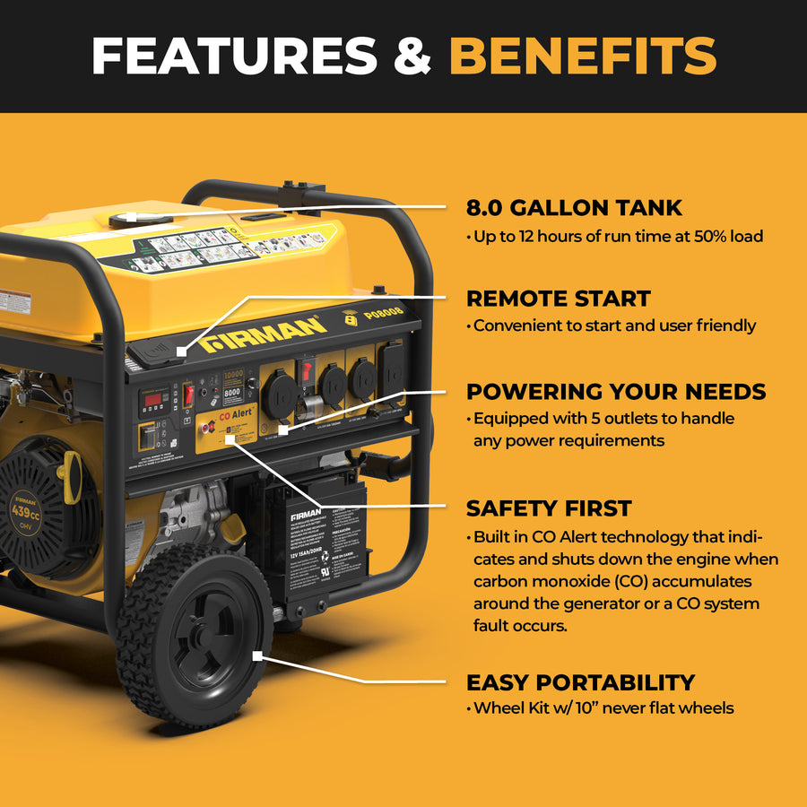 The FIRMAN Power Equipment Gas Portable Generator 10000W features remote start, 120/240V output, CO Alert for safety, and easy portability—all highlighted on a bold black and orange design.