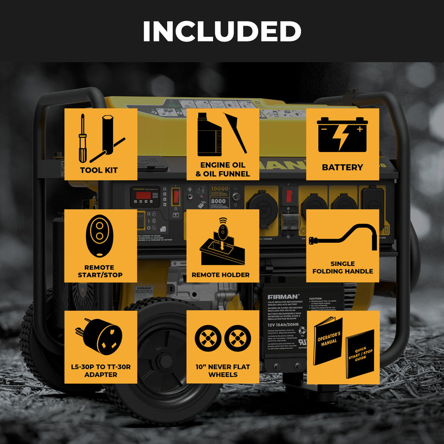 A yellow FIRMAN Power Equipment Gas Portable Generator 10000W Remote Start 120/240V with CO Alert, shown with icons for included tool kit, engine oil & funnel, battery, remote & holder, folding handle, adapter, 10" wheels, and manuals.