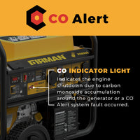 A yellow FIRMAN Power Equipment Gas Portable Generator 10000W Remote Start 120/240V with CO Alert features an indicator light that signals shutoff from carbon monoxide or a CO Alert system fault.