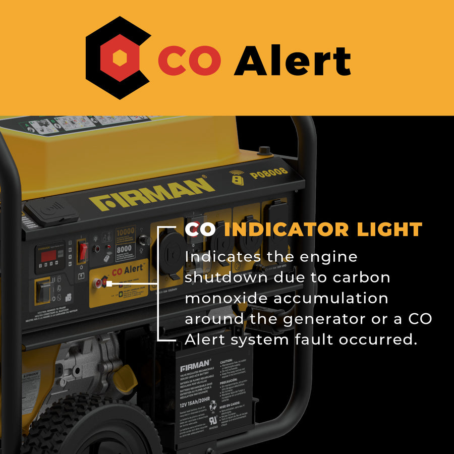 A yellow FIRMAN Power Equipment Gas Portable Generator 10000W Remote Start 120/240V with CO Alert features an indicator light that signals shutoff from carbon monoxide or a CO Alert system fault.