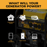 The FIRMAN Power Equipment Gas Portable Generator 10000W Remote Start 120/240V, with CO Alert technology, powers homes, tools, RVs, appliances, smartphones, and laptops—icons and labels highlight its versatile use and added safety.