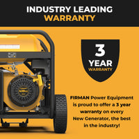 The FIRMAN Power Equipment Gas Portable Generator 10000W Remote Start 120/240V with CO Alert offers a 3-year industry-leading warranty. Yellow and black design.