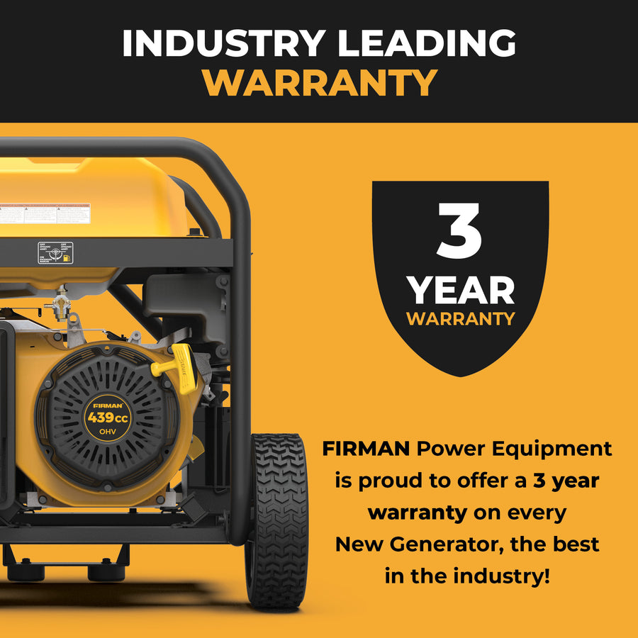 The FIRMAN Power Equipment Gas Portable Generator 10000W Remote Start 120/240V with CO Alert offers a 3-year industry-leading warranty. Yellow and black design.