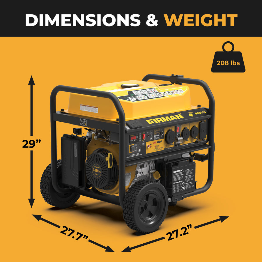 The FIRMAN Power Equipment Gas Portable Generator 10000W Remote Start 120/240V with CO Alert is shown in yellow and black, measuring 29" tall, 27.7" deep, 27.2" wide, and weighing 208 lbs.