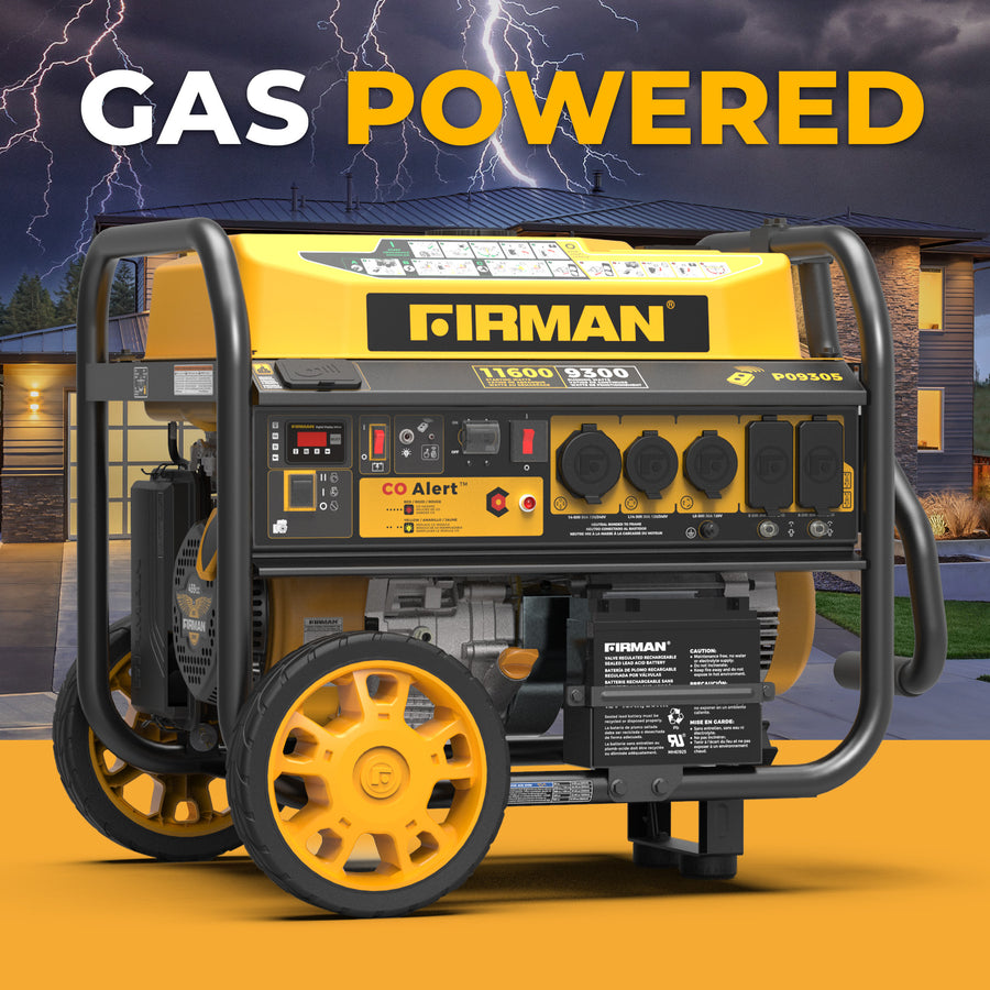 A yellow and black FIRMAN Power Equipment GAS PORTABLE GENERATOR 11600W REMOTE START 120/240V WITH CO ALERT is shown before a house during a storm, with "GAS POWERED" above to emphasize backup reliability in severe weather.