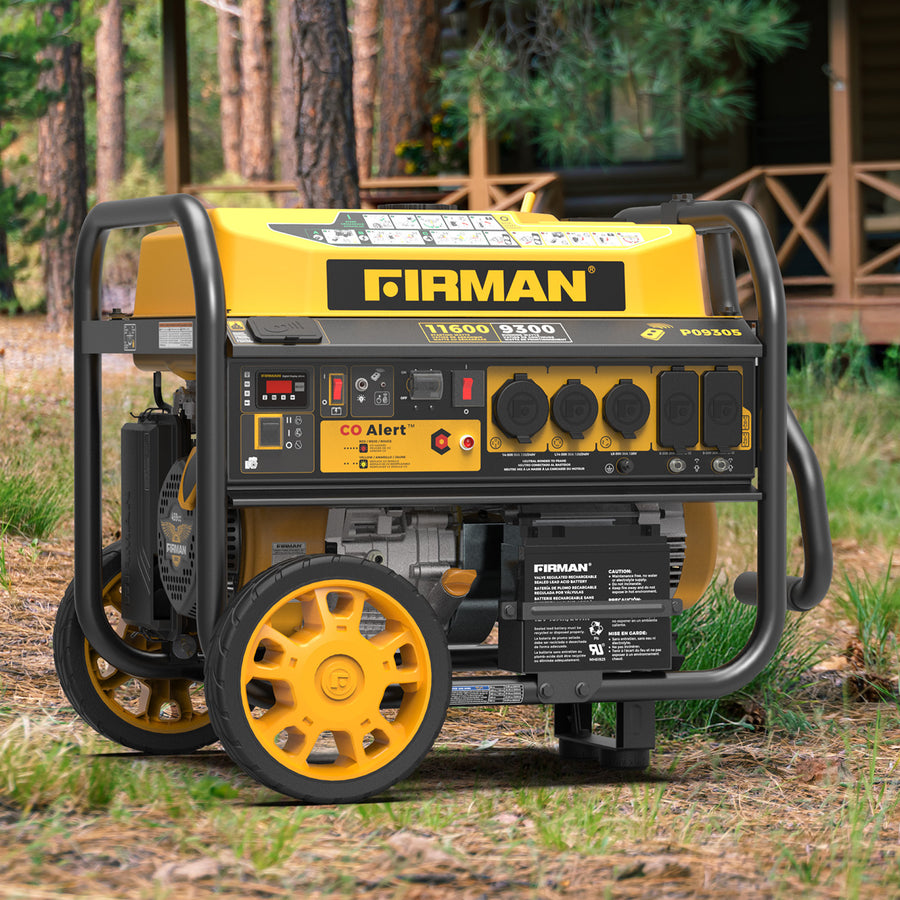 A yellow FIRMAN Power Equipment GAS PORTABLE GENERATOR 11600W REMOTE START 120/240V WITH CO ALERT sits on grass outside a wooden cabin among pine trees, ready to provide reliable backup power.