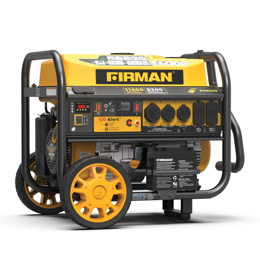 The FIRMAN Power Equipment GAS PORTABLE GENERATOR 11600W with remote start and CO alert offers reliable backup power, a convenient control panel, outlets, and large wheels for easy mobility—ideal for use wherever you need it.
