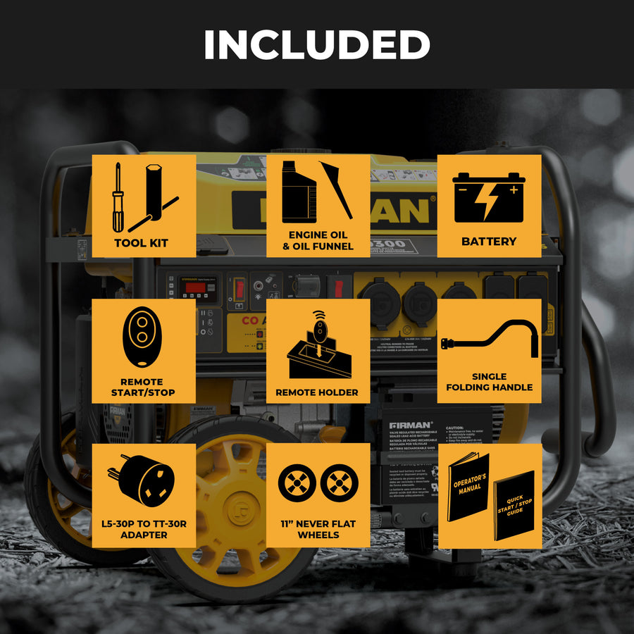 Grid of icons displays what’s included with the FIRMAN Power Equipment GAS PORTABLE GENERATOR 11600W REMOTE START 120/240V WITH CO ALERT: tool kit, engine oil & funnel, battery, remote, remote holder, handle, adapter, wheels & manual.