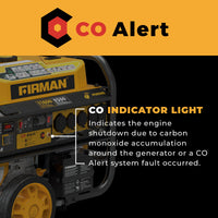 The FIRMAN Power Equipment GAS Portable Generator 11600W features a CO Alert system with indicator light, warning you of engine shutdown due to carbon monoxide or a system fault—ensuring safe, reliable backup power.