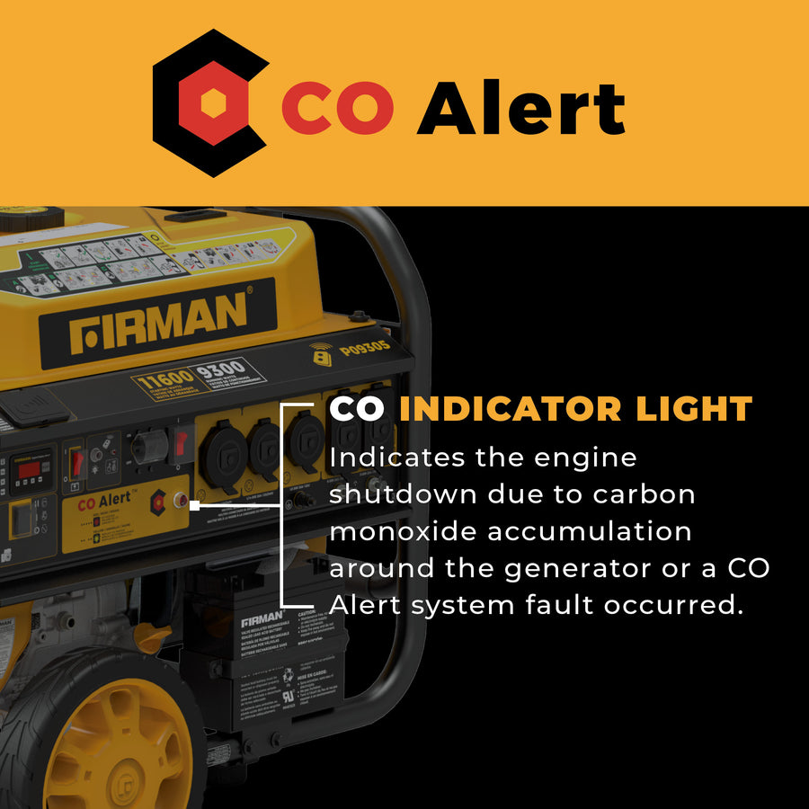 The FIRMAN Power Equipment GAS Portable Generator 11600W features a CO Alert system with indicator light, warning you of engine shutdown due to carbon monoxide or a system fault—ensuring safe, reliable backup power.