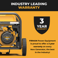 Yellow and black graphic showing the FIRMAN Power Equipment GAS PORTABLE GENERATOR 11600W REMOTE START 120/240V WITH CO ALERT, a shield icon with "3 Year Warranty," and text promoting FIRMAN’s 3-year warranty on new generators for reliable backup power.