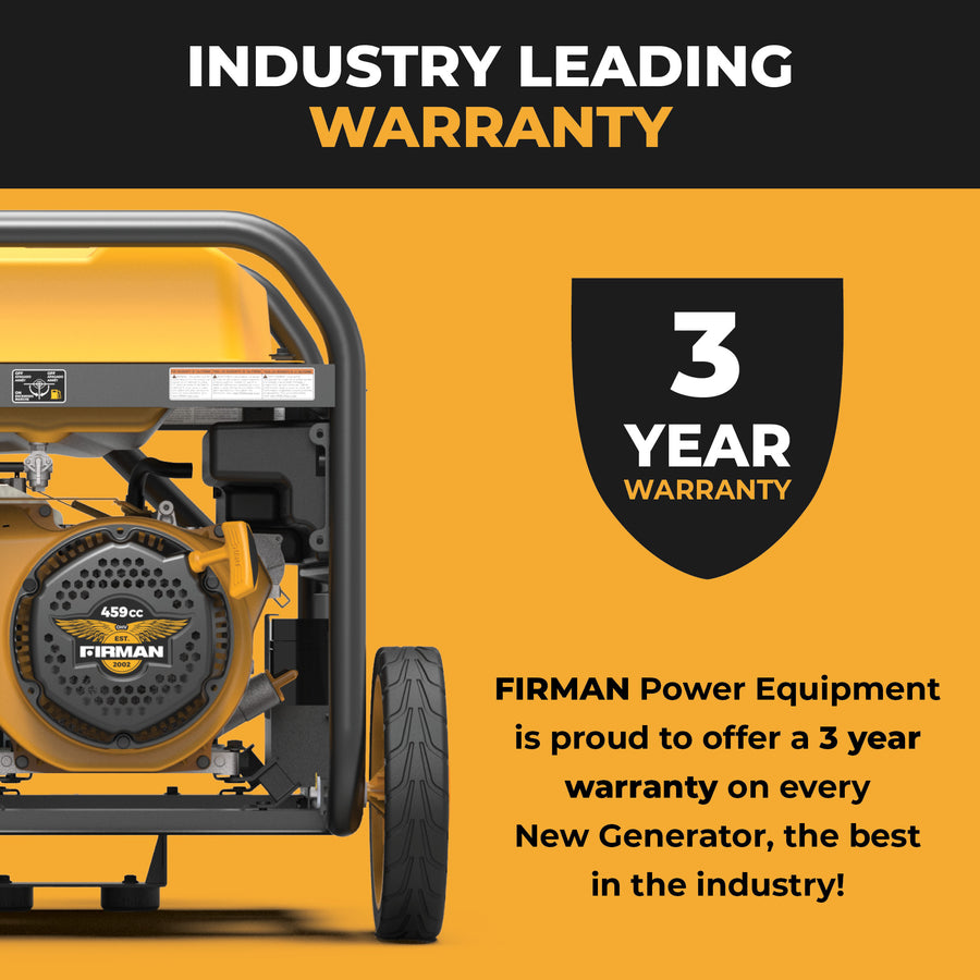 Yellow and black graphic showing the FIRMAN Power Equipment GAS PORTABLE GENERATOR 11600W REMOTE START 120/240V WITH CO ALERT, a shield icon with "3 Year Warranty," and text promoting FIRMAN’s 3-year warranty on new generators for reliable backup power.