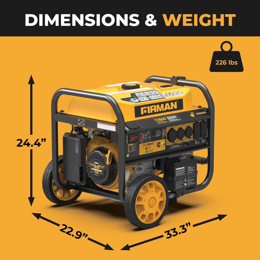 The FIRMAN Power Equipment GAS PORTABLE GENERATOR 11600W REMOTE START 120/240V WITH CO ALERT offers reliable backup power in a sturdy, portable design that measures 24.4" H x 22.9" W x 33.3" L and weighs 226 lbs.