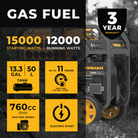 Promotional image of the FIRMAN Power Equipment Gas Portable Generator 15000W Electric Start 120/240V, highlighting key features such as 15000 starting watts, 12000 running watts, 13.3-gallon tank, and up