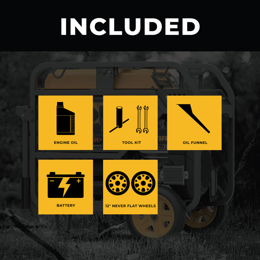 Graphic showcasing items included with the FIRMAN Power Equipment Gas Portable Generator 15000W Electric Start 120/240V: engine oil, tool kit, oil funnel, battery, and 12" never flat wheels, set against a dark background.