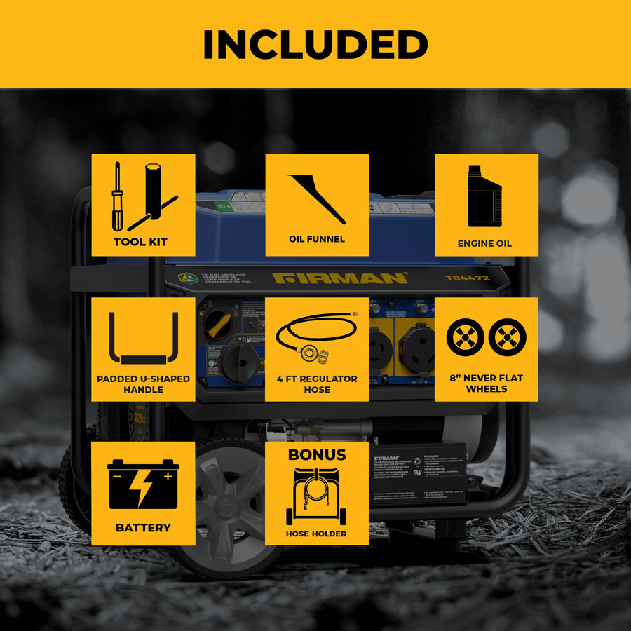 A promotional graphic for a Firman portable generator showing an 'INCLUDED' layout with yellow callout boxes over a dark outdoor background. The included items are a tool kit, oil funnel, engine oil, padded U-shaped handle, 4 ft regulator hose, 6" never flat wheels, battery, and hose holder.