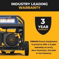 Promotional graphic for a generator with text advertising a 3-year industry-leading warranty. The image shows part of a black and blue generator on a bright yellow background with a black shield icon reading '3 YEAR WARRANTY'.