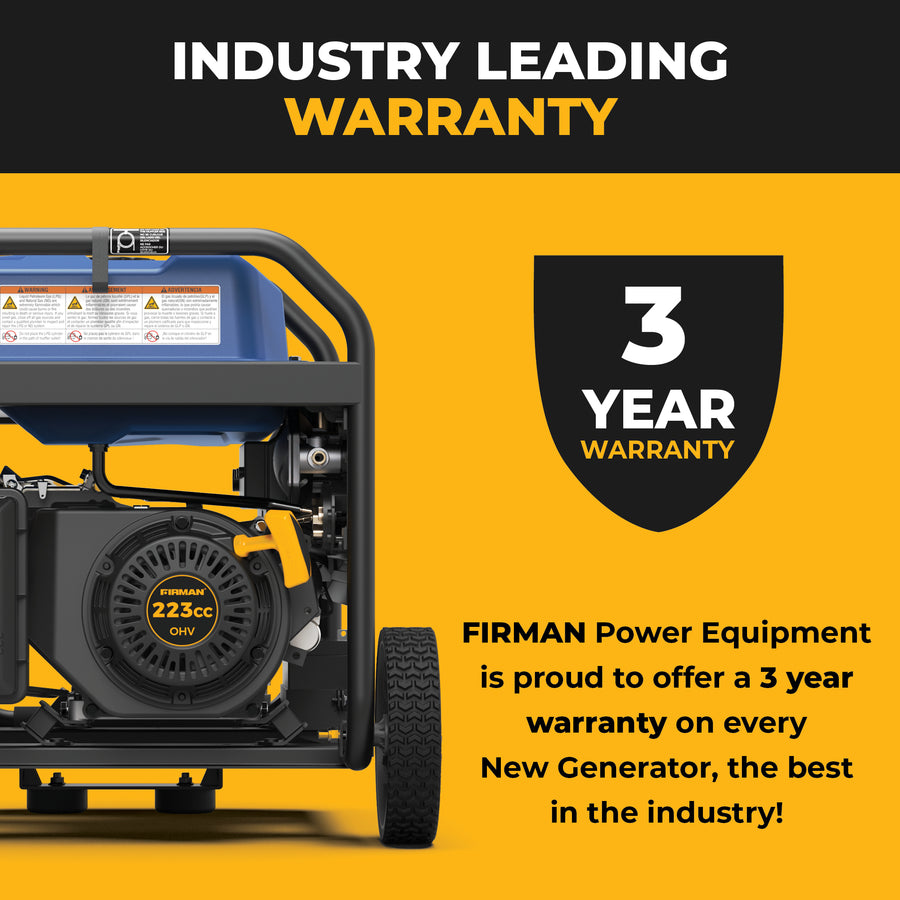 Promotional graphic for a generator with text advertising a 3-year industry-leading warranty. The image shows part of a black and blue generator on a bright yellow background with a black shield icon reading '3 YEAR WARRANTY'.