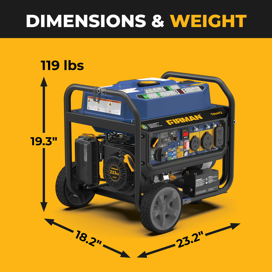 A Firman portable generator shown on a bright yellow background with measurement arrows and labels indicating 19.3 inches tall, 18.