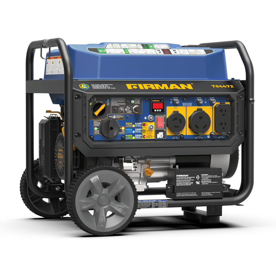 A portable IRMAN T804V72 generator with a blue top, black and gray frame, and a detailed yellow, blue, and black control panel on the front, shown on a white background.