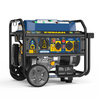The FIRMAN Power Equipment Tri Fuel Portable Generator 7850/6300W with electric start, blue top, CO Alert, and a control panel with multiple outlets mounts on a wheeled metal frame for easy portability.