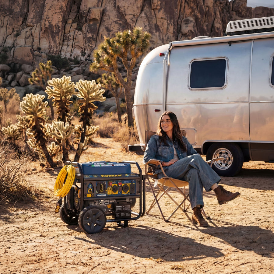 A woman sits on a chair beside a FIRMAN Power Equipment T06373 Tri Fuel Portable Generator 7850/6300W Electric Start Gas CO Alert and a silver camper trailer in a desert landscape with cacti and rocky hills.