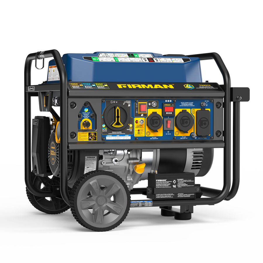 The FIRMAN Power Equipment Tri Fuel Portable Generator 7850/6300W with electric start, blue top, CO Alert, and a control panel with multiple outlets mounts on a wheeled metal frame for easy portability.