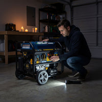 Person inspecting the FIRMAN T06373 generator in a dimly lit garage.