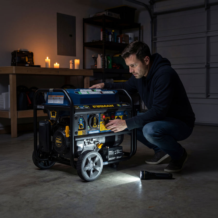Person inspecting the FIRMAN T06373 generator in a dimly lit garage.