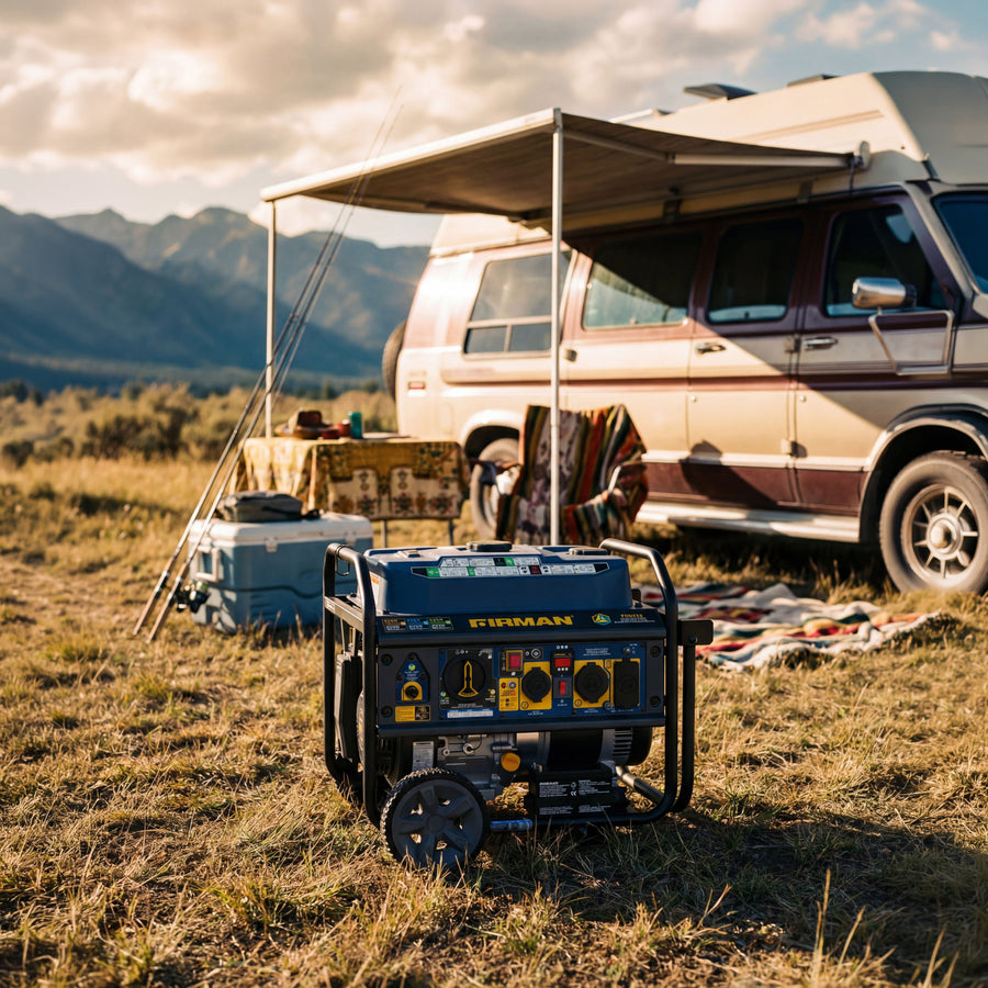 A FIRMAN Power Equipment Tri Fuel Portable Generator 7850/6300W Electric Start Gas CO Alert sits on grass near a camper van with an awning, camping gear, and mountains in the background.