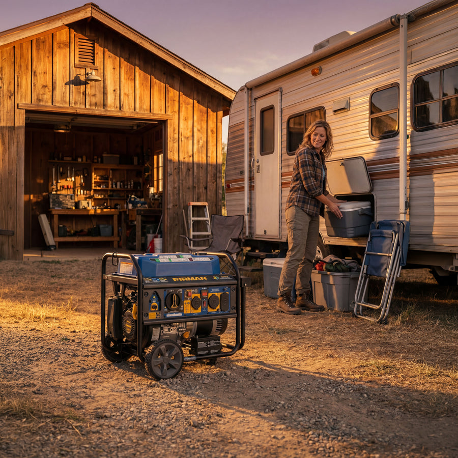 A person stands outside a camper by an open cooler, with a FIRMAN Power Equipment T06373 Tri Fuel Portable Generator 7850/6300W Electric Start Gas CO Alert on the ground and a wooden garage in the background.