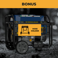 The FIRMAN Power Equipment Tri Fuel Portable Generator 7850/6300W Electric Start Gas CO Alert is shown on a rugged outdoor surface, featuring a bonus hose holder attachment and ready for any challenge.
