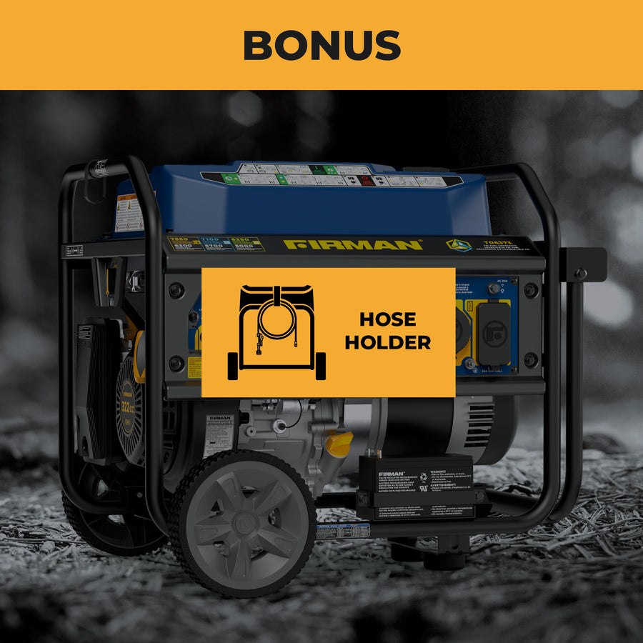 The FIRMAN Power Equipment Tri Fuel Portable Generator 7850/6300W Electric Start Gas CO Alert is shown on a rugged outdoor surface, featuring a bonus hose holder attachment and ready for any challenge.
