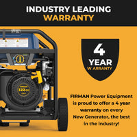 Image of a FIRMAN Power Equipment Tri Fuel Portable Generator 7850/6300W Electric Start Gas CO Alert, with text highlighting a 4-year warranty—offering top industry coverage on every new FIRMAN Tri-Fuel generator.