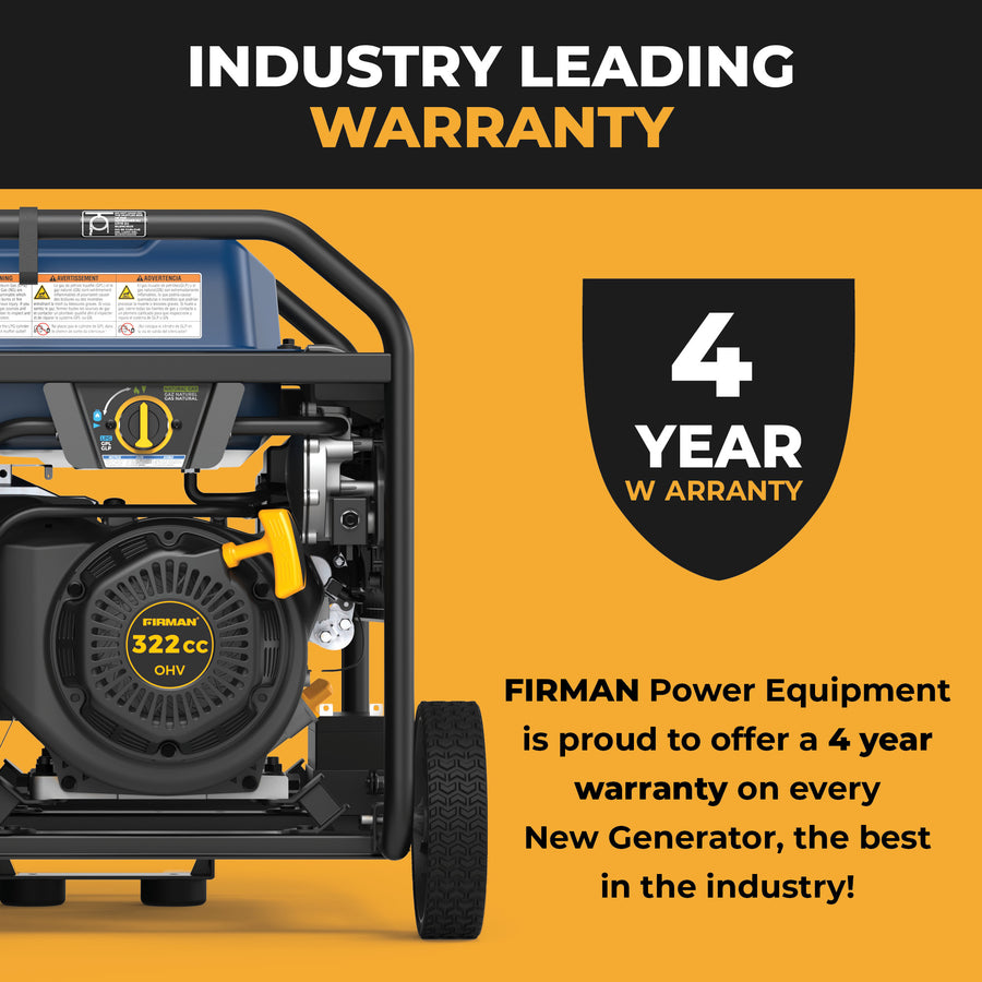 Image of a FIRMAN Power Equipment Tri Fuel Portable Generator 7850/6300W Electric Start Gas CO Alert, with text highlighting a 4-year warranty—offering top industry coverage on every new FIRMAN Tri-Fuel generator.