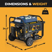 The FIRMAN Power Equipment Tri Fuel Portable Generator 7850/6300W Electric Start Gas CO Alert measures 24.2" H x 24.8" D x 27" W, weighs 151 lbs, and delivers dependable power in a compact design.