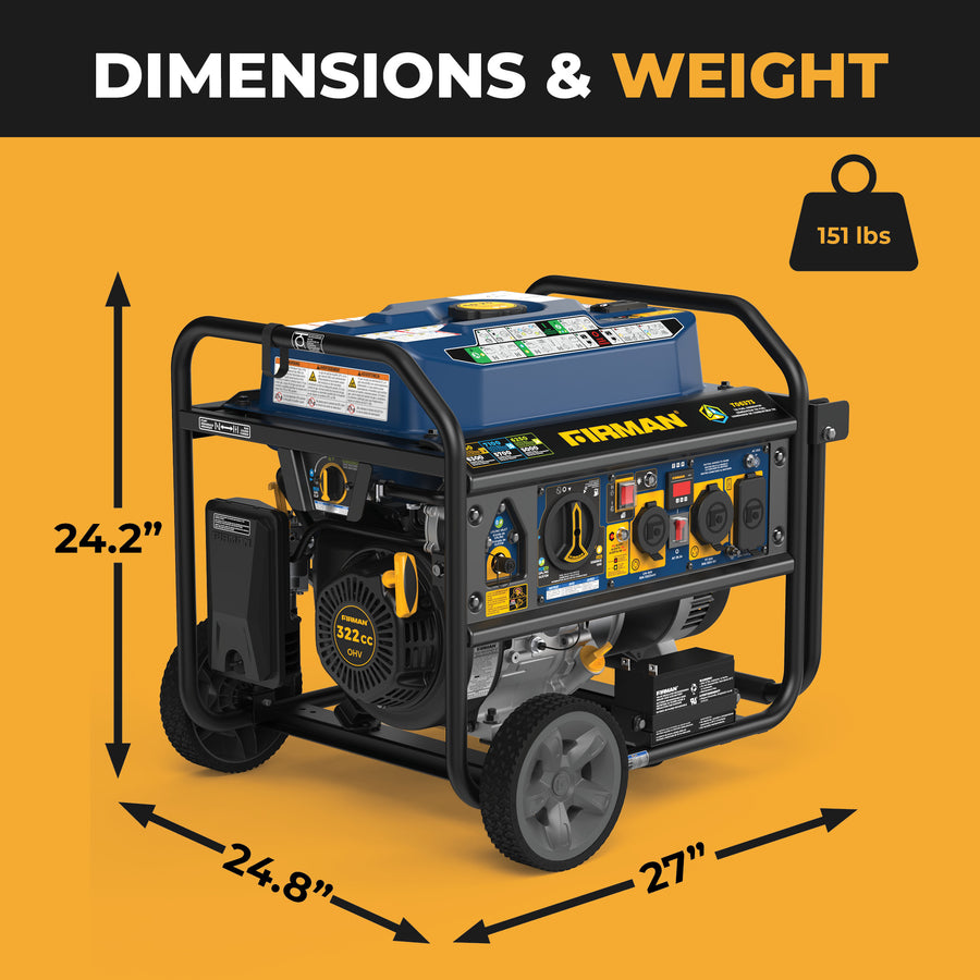 The FIRMAN Power Equipment Tri Fuel Portable Generator 7850/6300W Electric Start Gas CO Alert measures 24.2" H x 24.8" D x 27" W, weighs 151 lbs, and delivers dependable power in a compact design.