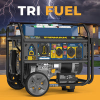 A FIRMAN Power Equipment Tri Fuel Portable Generator 7850/6300W Electric Start Gas CO Alert is shown outdoors by a modern house with lightning in the background. The words "TRI FUEL" appear above this portable whole home generator.