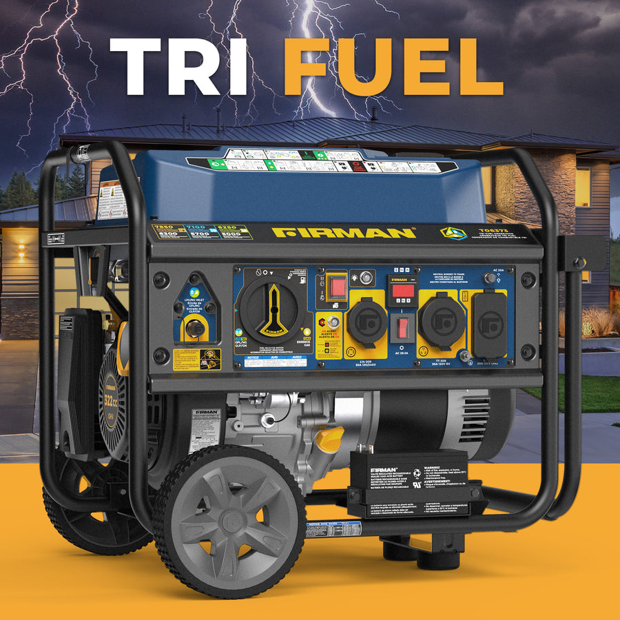 A FIRMAN Power Equipment Tri Fuel Portable Generator 7850/6300W Electric Start Gas CO Alert is shown outdoors by a modern house with lightning in the background. The words "TRI FUEL" appear above this portable whole home generator.