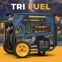 A FIRMAN Power Equipment Tri Fuel 7500W Portable Generator Electric Start 120/240V is outdoors at dusk, with a modern house and lightning behind it. "TRI FUEL" appears at the top, highlighting its home standby versatility.