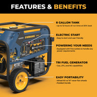 The FIRMAN Power Equipment Tri Fuel 7500W Portable Generator Electric Start 120/240V has an 8-gallon tank, electric start, five outlets, and wheels with handle for easy portability—ideal as a home standby generator.