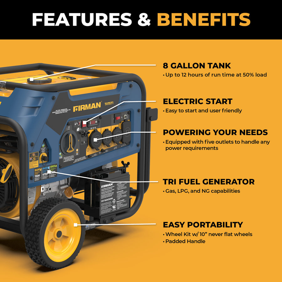 The FIRMAN Power Equipment Tri Fuel 7500W Portable Generator Electric Start 120/240V has an 8-gallon tank, electric start, five outlets, and wheels with handle for easy portability—ideal as a home standby generator.