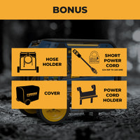Image displaying four bonus items for the FIRMAN Power Equipment Tri Fuel 7500W Portable Generator Electric Start 120/240V: hose holder, short power cord, cover, and power cord holder shown with icons and labels.